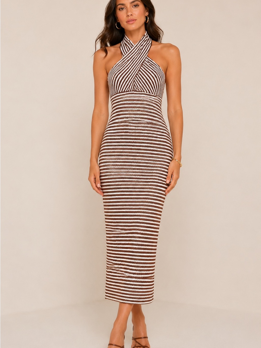Amanda Uprichard Striped Halter Midi Dress in Brown and Cream NWT
